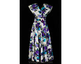 Size 14 1950s Style Dress - Large Purple Turquoise Floral Cotton Summer Frock with Wrap Bodice - Sleeveless Full Skirted 50s Look - Waist 32