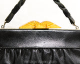 1930s Art Deco Purse - Authentic 30s Black Faux Leather Bag with Carved Amber Plastic Clasp - Rare Depression Era Handbag - As Is - 50239