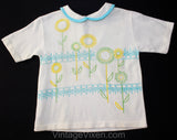 Cute 1960s Girl's Summer Shirt with Mod Flowers - Size 6 Girls Crop Top - Childrens Casual 60s White Knit with Blue Yellow Green - Chest 25