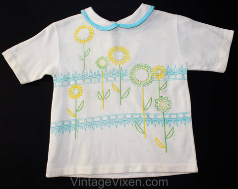 Cute 1960s Girl's Summer Shirt with Mod Flowers - Size 6 Girls Crop Top - Childrens Casual 60s White Knit with Blue Yellow Green - Chest 25