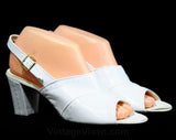 Size 7 1960s Shoes - Go Go Girl White Slingback 60s Sandal - Peep Toes - 7N Narrow Width - Wet Look Vinyl - Mod - Charm Step - 43247-4