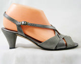 Deco Style 70s Sandals - Size 8 M - Metallic Silver & Gray Suede 1970s Shoes - Deadstock - Peep Toe - Slingback - Hush Puppies - 43219-4