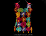 Size 8 Hibiscus Summer Top - 1990s Designer Label - Tropical Red Turquoise Purple Pink Yellow Crochet Appliques - 90s See Through - Bust 36