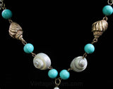Seashells 70s Necklace - Lariat Style - Pretty 1970s Beach Jewelry - Sea Shell - Turquoise Blue Beads - Gold & Silver - Summer - 42386