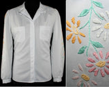 Size 12 Daisies Top - 1970s Gray Career Girl Blouse with Daisy Embroidery - Medium Large 70s Long Sleeved Shirt - Bust 38.5 - 33225-1
