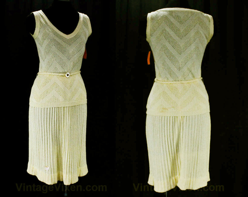 Size 4 Flapper Dress - 1920s Style Flaxen Yellow Four Pc Set - Small 70s Boho Knitwear by Knit Bazaar - Shell Skirt Scarf & Belt - 20s Look