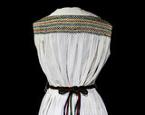 Size 6 Shirtwaist Dress with Rainbow Smocking - Cute 60s Sleeveless Summer Dress - Blouson Bodice & Pleated Skirt - Tie Belt - Waist 25.5