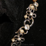Pretty Floral Motif Necklace & Earrings by Lisner - Silvertone Silver Color Metal - 1950s Demi Parure - Faux Pearls - Rhinestones - 32091-1