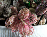 1950s French Beaded Flowers in White Milk Glass Bowl - Hand Beadwork Floral Arrangement - Spring Lavender Lilac Light Purple Green & White