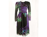 Reserved for E - Size 6 Hanae Mori Dress - Artsy 1980s Designer Cocktail - Gorgeous Purple Teal Blue & Emerald Black Satin Chiffon - Bust 34