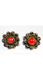 Pretty 1940s Silver & Carnelian Daisy Bracelet and Earrings - Made in Italy - New In Box - Demi-Parure - Orange - Deadstock - 40244