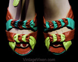 Size 8 1940s Tropical Sandals - 40s Open Toe Leather Shoes with Sexy Ankle Strap - Coral Orange Chartreuse Yellow Jade Green - Narrow Width