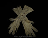 1930s Leather Gloves - Taupe Light Brown Suede 30s Pair of Gloves with Classic Stitched Points - Early Plastic Snaps At Wrist - 50306