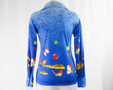 Size 10 Butterflies Print 1970s Shirt - Medium - Long Sleeved 70s Casual Top - Butterfly - Vivid Bright Blue Novelty Print - NOS Deadstock