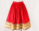 Size 10 Full Skirt - Red Cotton Folk Dirndl Beaded Border - 1950s 1960s Gypsy Boho Beadwork Panel - Rick Rack Wooden Beads Raffia - Waist 29