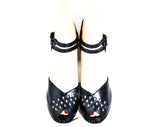 Size 5 1940s Peep Toe Shoes - Open Toe Navy Blue Leather Heels with Ribbon Candy Eyelet Cutwork - 40's Pin Up Pumps - 40s NOS Deadstock
