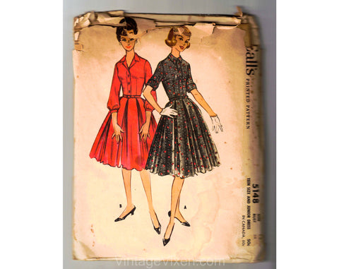 1950s Shirtwaist Dress Sewing Pattern - Two Styles of Sleeves - Dated 1959 Unused Complete - Bust 34 McCalls 5148 - Teen Size Junior 50s