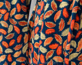 Size 6 Feather Print Dress - 1970s Soft Jersey Knit - Denim Blue Khaki & Coral Orange - 70s Spring Fall - Blouson Bodice with Cowl Neckline