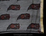 Indian Sari Fabric - 1950s 60s Paisley Block Print Cotton - Gray Terracotta Orange Black - Metallic Gold Border - Knotted Fringe - Yardage