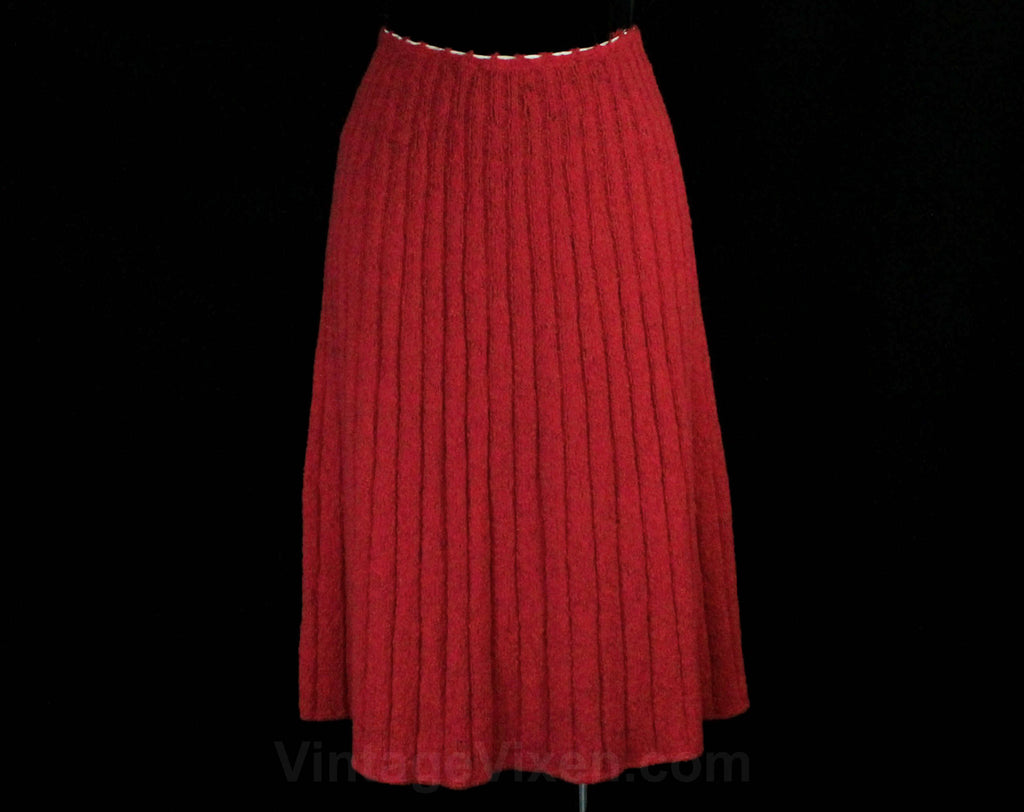 Size 6 1940s Skirt - Sweater Girl 40s Small Wool Knit A-Line Skirt - Lipstick Pink Nubby Texture - Radiant Fluted Ribbing - Waist 26 to 30