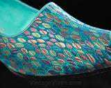 Size 7 Slippers - 1950s Glamour Girl Shoes - Turquoise Blue Dappled Brocade Boudoir Heels - Open Toe - 50s 60s Deadstock - 7AA - 47058-2