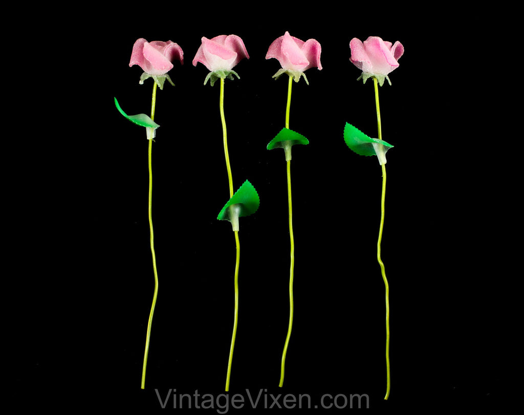 Pink Long Stemmed Roses - 1950s 60s Plastic Faux Floral Arrangement Decor - Sugared Rosy Blooms with Green Leaves and Flexible Stems - 13"