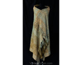 Beige & Blue Mohair Shawl - Hand Woven Woolly Boucle Yarn Wrap - Large Rectangular Shape - Couch Blanket Throw - Fuzzy Lofty Yarn Fringe