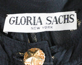 Size 6 Gold Star Blouse - Celestial 1980s Designer Small Long Sleeve Shirt - Gloria Sachs - Navy Blue Sheer Chiffon & Metallic - Bust 34