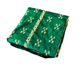 Emerald Green & Gold Wedding Sari Fabric - Over 6 Yards India Silk Continuous Yardage with Hand Knotted Fringe - Brilliant Vivid Hues