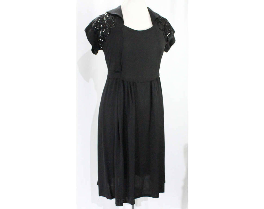 Size 8 1930s Maternity Dress - Black Rayon Crepe & Sequins Soutache - Vintage Vixen Clothing Size 8 1930s Maternity Dress - Black Rayon Crepe & Sequins Soutache - Vintage Vixen Clothing