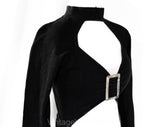XXS 1990s Sexy Club Dress - Black Knit Bodycon 90s Mini Dress with Cutouts & Silvertone Buckles - Bare Midriff - Long Sleeve - Bust 30