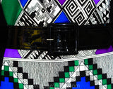 Size 8 Black Tribal Print Maxi Dress - 1960s Long Sleeve A-Line Sheath & Belt - Purple Blue Emerald Green Geometric 60s Polyester - Bust 38