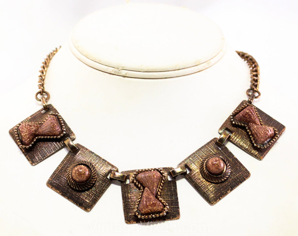1950s Renoir Style MCM Necklace - Copper Brown Glitter & Bronze 50s Molded Plastic Mid Century Jewelry - Rockabilly Femme 1950's Casual
