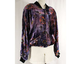 XL Purple Print Velvet Jacket - Plus Size Boho Daisy 1980s Club Wear - Made in India 70s 80s Rayon - Atomic Novelty Print - Bust 56 Inches