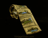1960s Square End Tie - Antique Trains Men's 60s Novelty Print Necktie by Rooster - Locomotive Newspaper Ads - Tan Khaki Green Teal Black