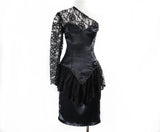 XXS 1980s Bare Shoulder Dress - Sexy One-Shoulder 80s Party Dress - Black Satin & Lace with Rhinestones - 80's Club Girl - Bust 30.5