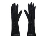 Long Black Gloves - Victorian Inspired Satin Stretch Knit Gloves - To The Elbow Opera Length 1950s - Deco Antique Glass Buttons At Wrist