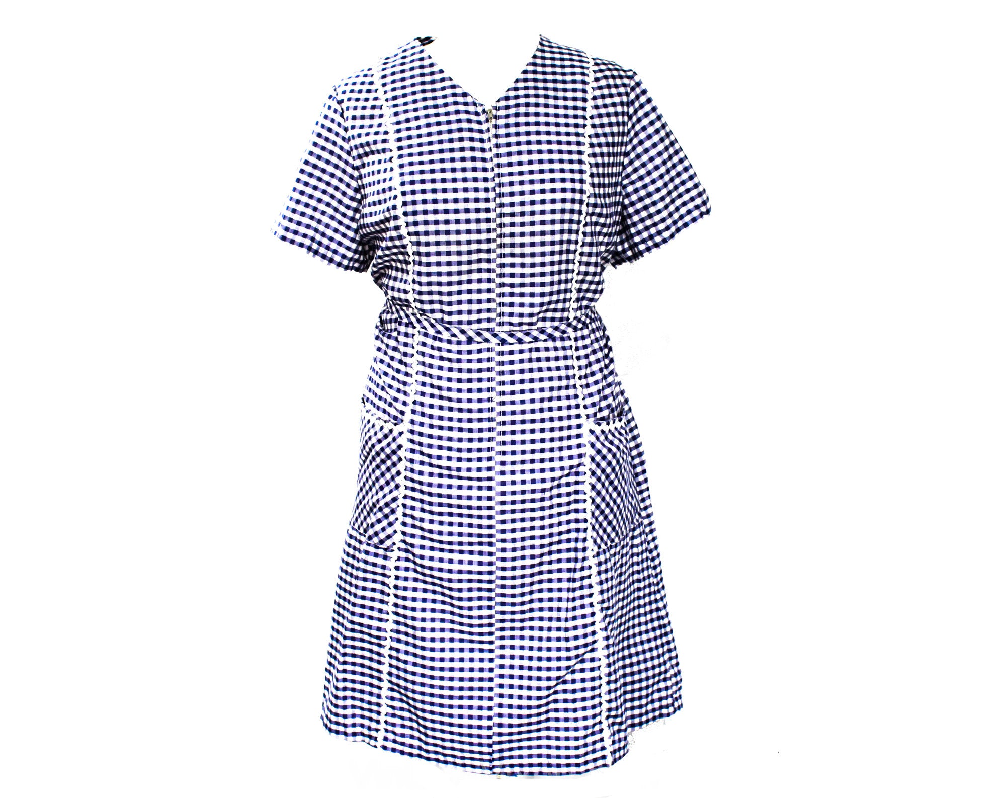 Size 20 House Dress - XL 60s Navy Blue Gingham Cotton Short Sleeved Ho Vintage Vixen Clothing Size 20 House Dress - XL 60s Navy Blue Gingham Cotton Short Sleeved Ho Vintage Vixen Clothing