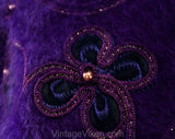 Grape Purple Angora Cardigan - Size 10 Medium Button Front Sweater - 80s Oversized Luxury Knit - Fuzzy Furry with Cord & Appliques - Hip 41