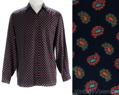 Size 10 Rodier Paris 1990s Shirt - Black Brown Turquoise Paisley Print Cotton - Oversize Long Sleeve Blouse - French 90s Designer - Bust 42