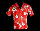 Men's Medium Tiki Shirt - 60s Brick Red Hibiscus Barkcloth Mens Summer Shirt - Short Sleeved 1960s Cotton Top - Small to Med - Chest 40