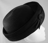 Chic 60s Black Straw Breton Hat with Spiral Accent - Sailor Inspired Cloche Style - Sophisticated - 1960s - Upturned Brim - Chic - 35931