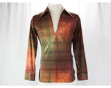 Men's Small Disco Shirt - 1970s Brown Pixel Print Casual Long Sleeve Shirt - 70s Pixellated Squares - Deep Chest Baring V Neck - Chest 40