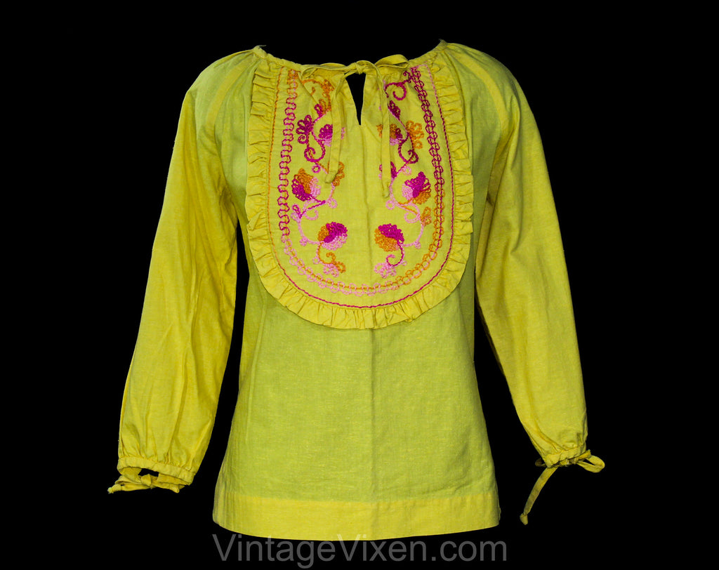 Authentic 1970s Hippie Shirt with Pink & Orange Yarn Embroidery - Ladies Size 8 Medium Yellow Cotton 60s 70s Casual Top - Ruffles - Bust 40