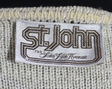 Size 6 St John Cardigan - Designer 70s Suit Separates - Oatmeal Textured Wool Knit Natural Cream Crochet Trim - Open Front Sweater - Bust 34
