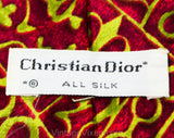 60s Christian Dior Tie - Mens 1960s Designer Necktie - Fine Maroon Chartreuse & Olive Silk - Tiki Primitive Print - Manhattan NY Men's Label
