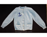 50s Girl's Sailor Cardigan - Size 5 Girls Button Front Sweater - Blue Wool Knit - Nautical Ship's Anchor - Preppy 1950s 60s - 5T Chest 24