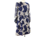 Size 6 Couture Quality Dress - Navy Blue & White Mod Floral 60s Silk Chiffon - 1960s Cocktail with Corset Lace-Up - Long Sleeve - Bust 33.5