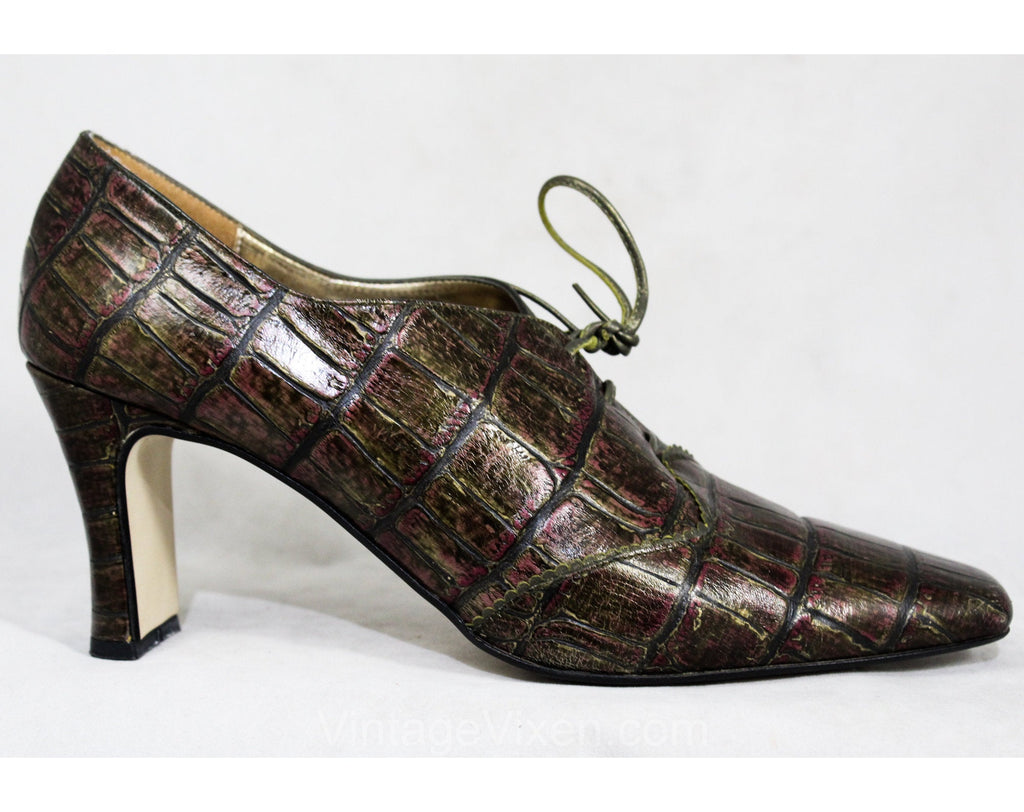 Size 9 Antique Style Shoes Faux Alligator Leather Heels Olive Gree Vintage Vixen Clothing