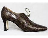Size 9 Antique Style Shoes - Faux Alligator Leather Heels - Olive Green Gray Rose Pink Lace Up Oxford Pumps by Desiree - Square Toe - 9M